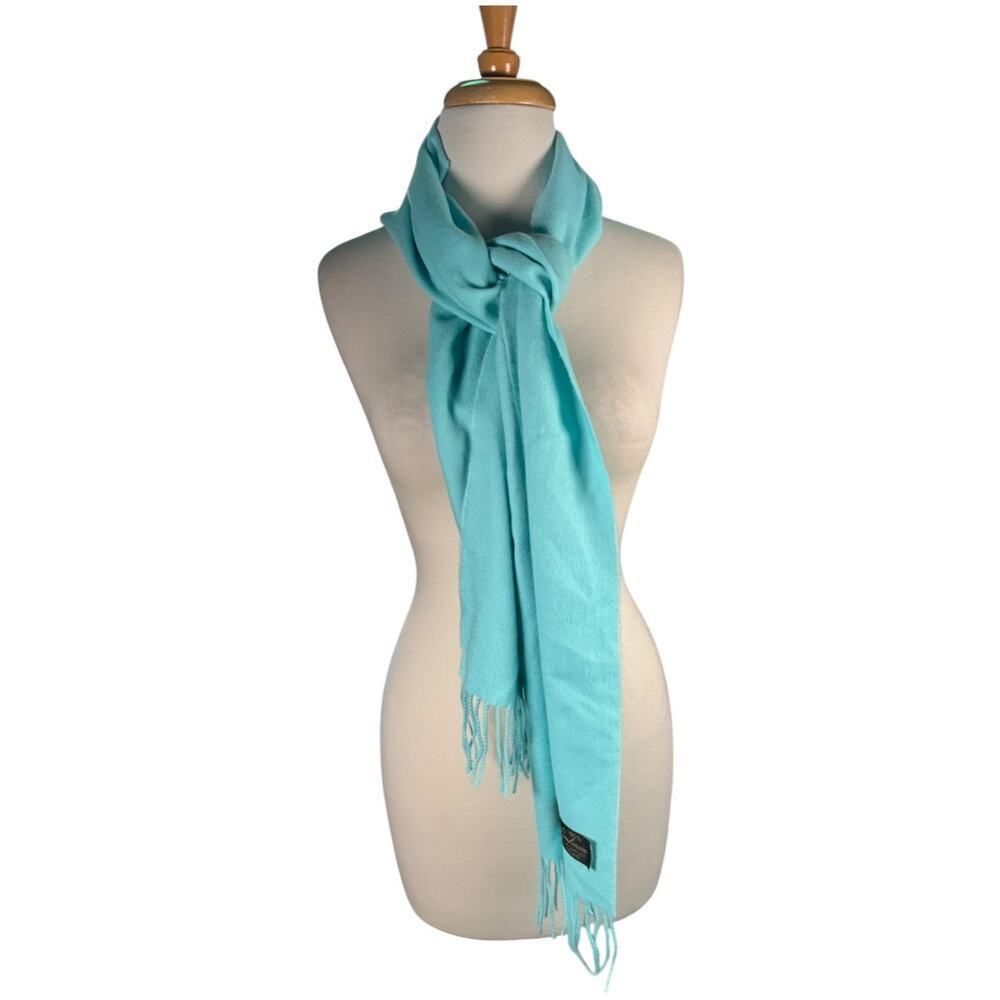 Vintage 100% Cashmere Scarf Made in England Aqua Blue Fringe Wrap Old Money Chic